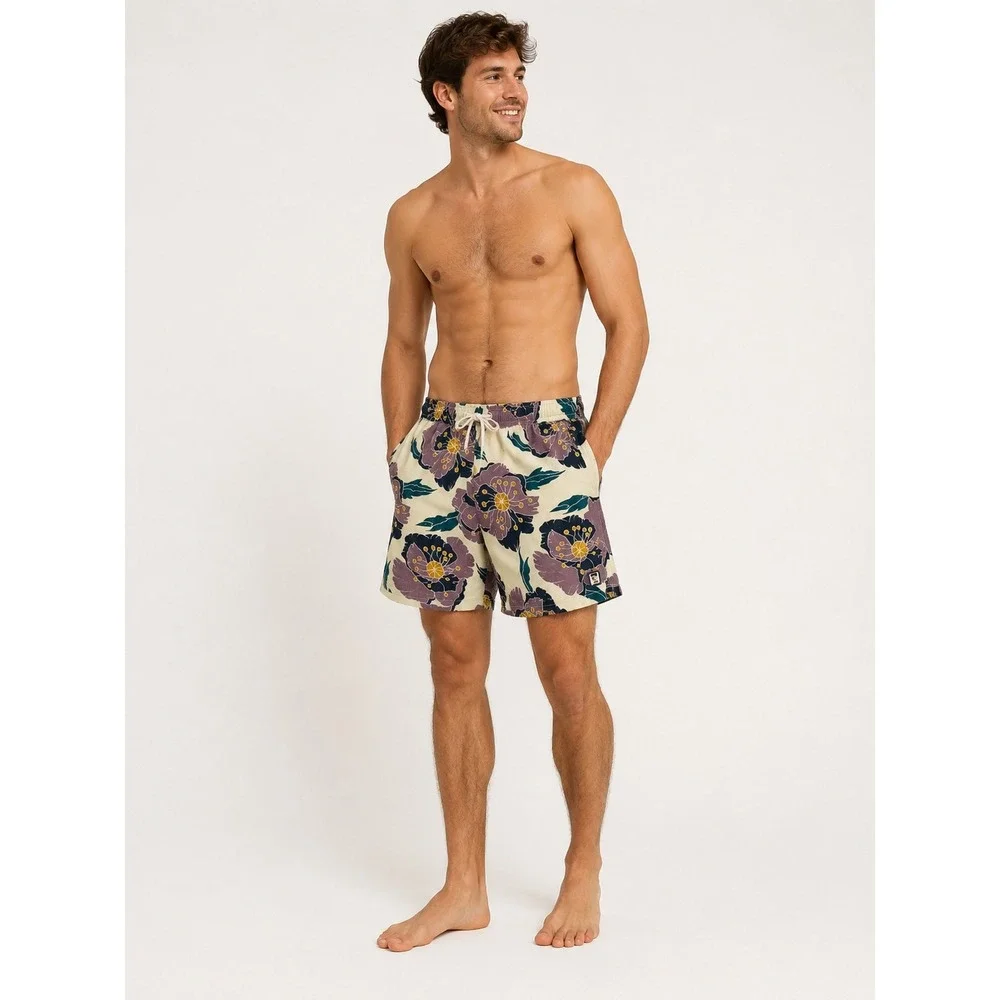 Marine Layer Shorts Mens XL Floral Tropical Print Cream Elastic Waist Beach